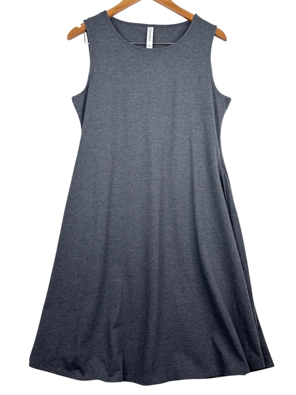 Zenana Dark Grey Sleeveless 2 Pocket Scoop Neck Midi Jersey Feel Swing Dress L